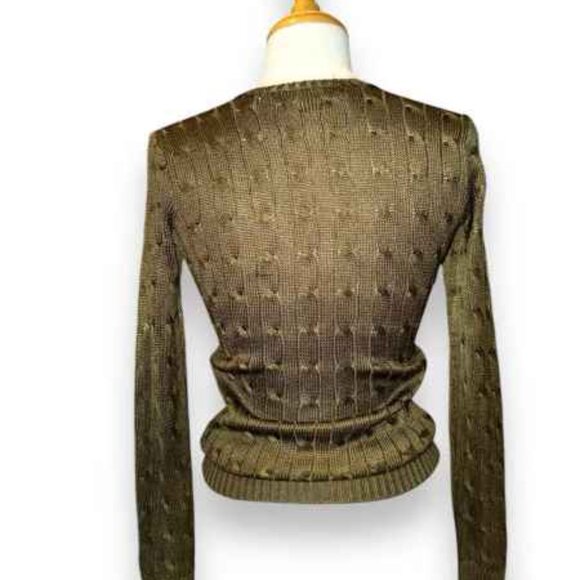SOLDRalph Lauren Black Label 100% Silk Cable Knit V Neck Sweater, Military Green - Picture 13 of 14
